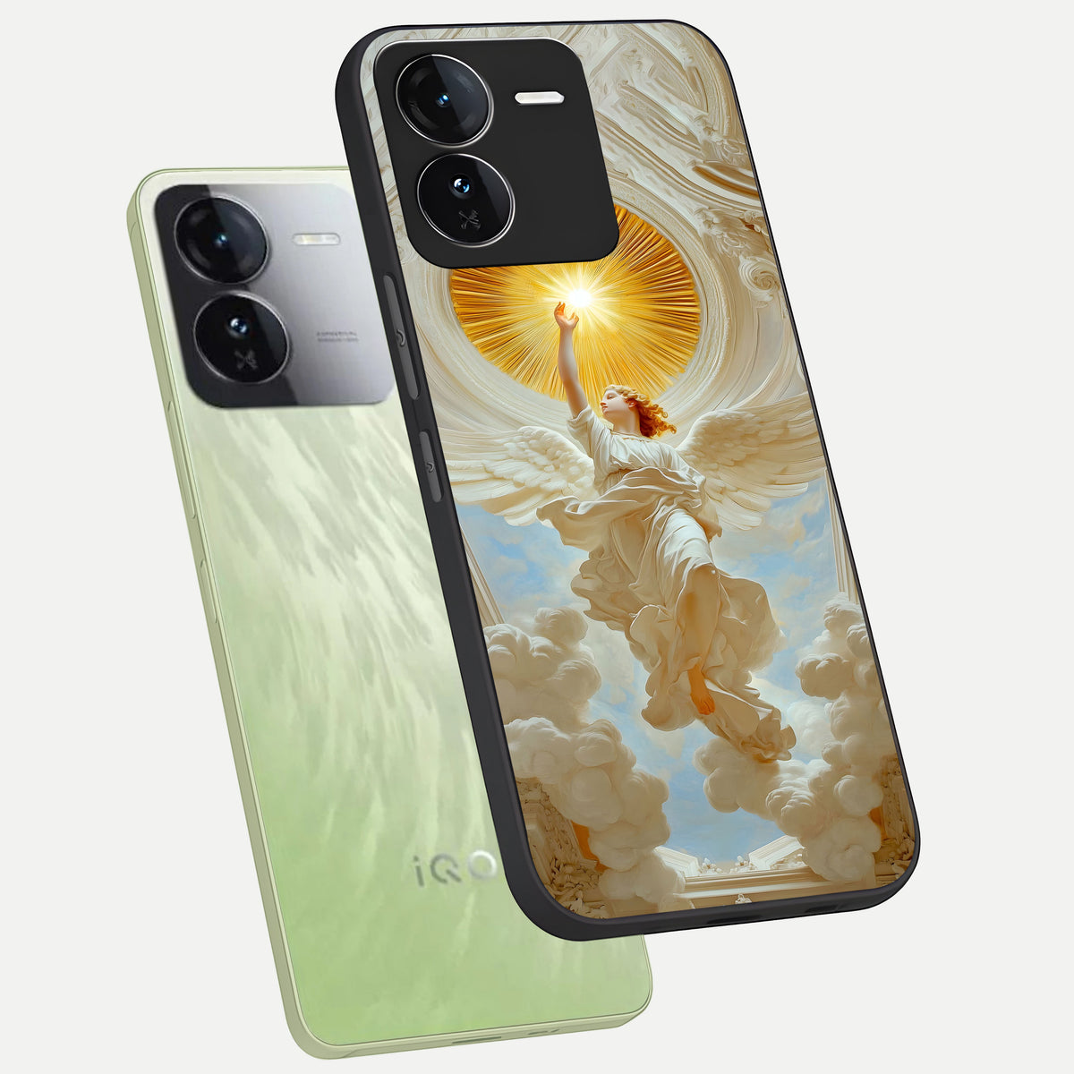  Divine Light Angel phone case For iQOO Z9 showing premium glass back cover with detailed artwork