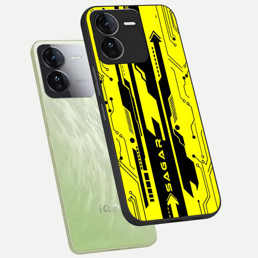  Electric Pulse CYBERPUNK Custom Name phone case For iQOO Z9 showing premium glass back cover with detailed artwork