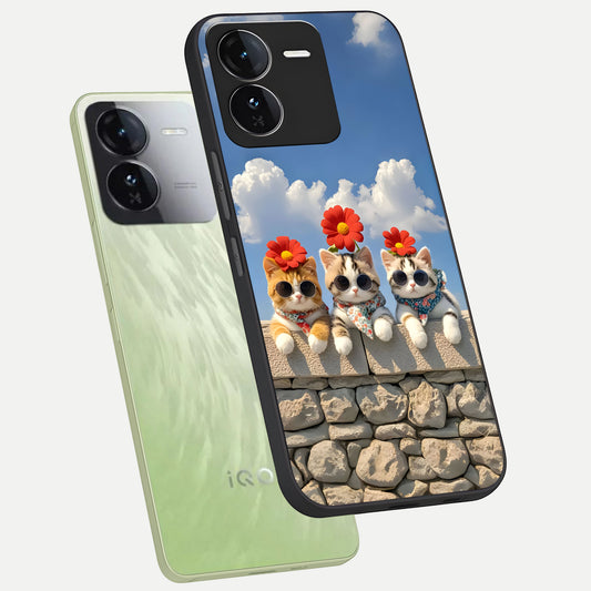  Floral Kitty Squad phone case For iQOO Z9 showing premium glass back cover with detailed artwork