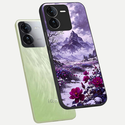  Flower Mountain View phone case For iQOO Z9 showing premium glass back cover with detailed artwork