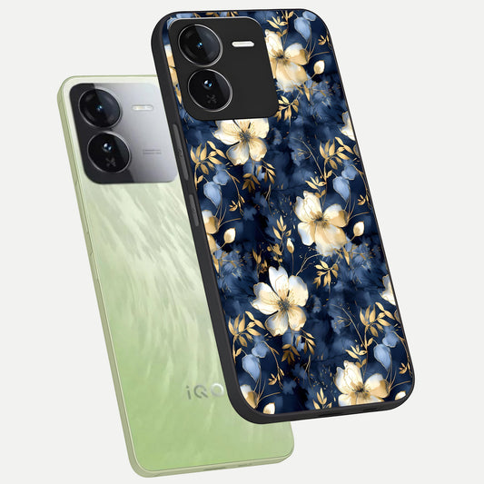  Golden Midnight Bloom phone case For iQOO Z9 showing premium glass back cover with detailed artwork