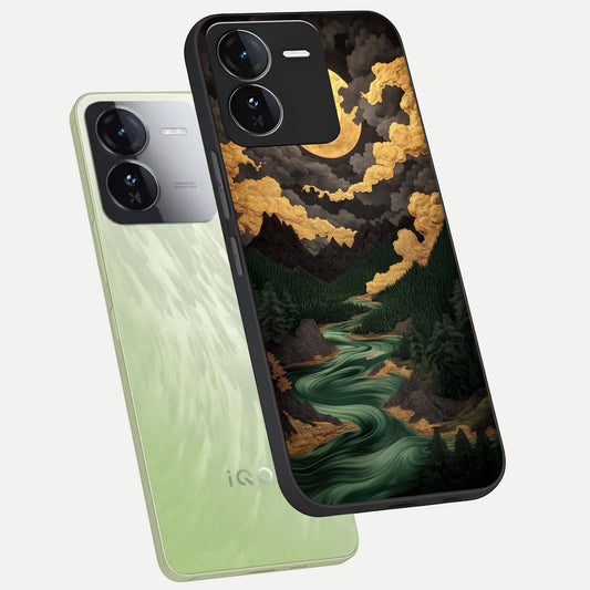  Golden River Moon phone case For iQOO Z9 showing premium glass back cover with detailed artwork