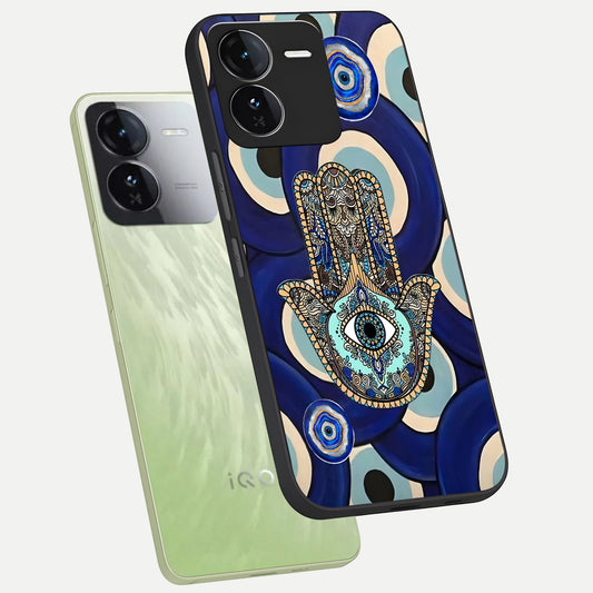  Hamsa Divine Guard phone case For iQOO Z9 showing premium glass back cover with detailed artwork