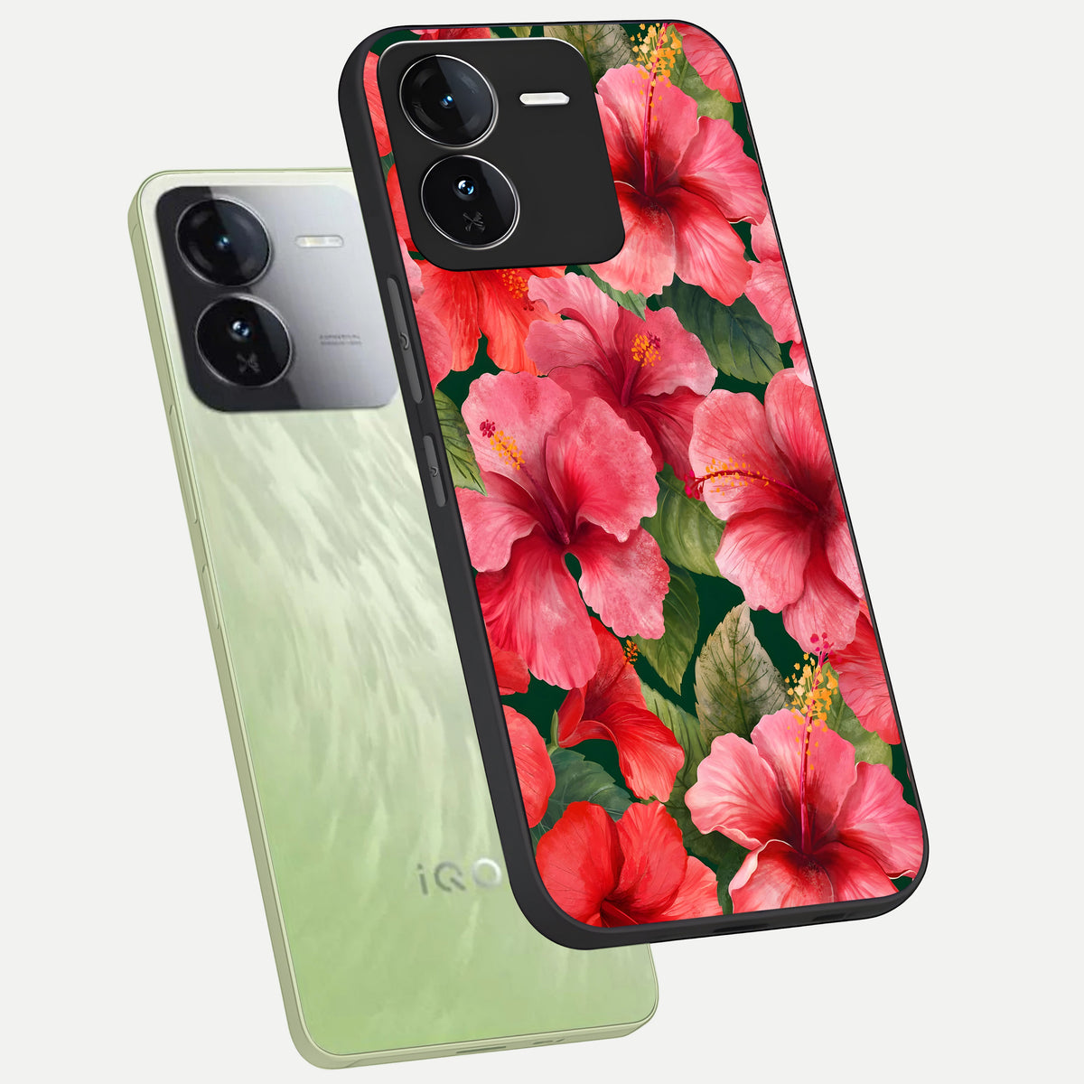  Hibiscus Pattern phone case For iQOO Z9 showing premium glass back cover with detailed artwork