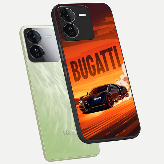  Inferno Bugatti Storm phone case For iQOO Z9 showing premium glass back cover with detailed artwork