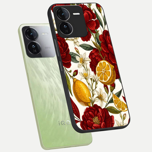  Lemon Rose Charm phone case For iQOO Z9 showing premium glass back cover with detailed artwork