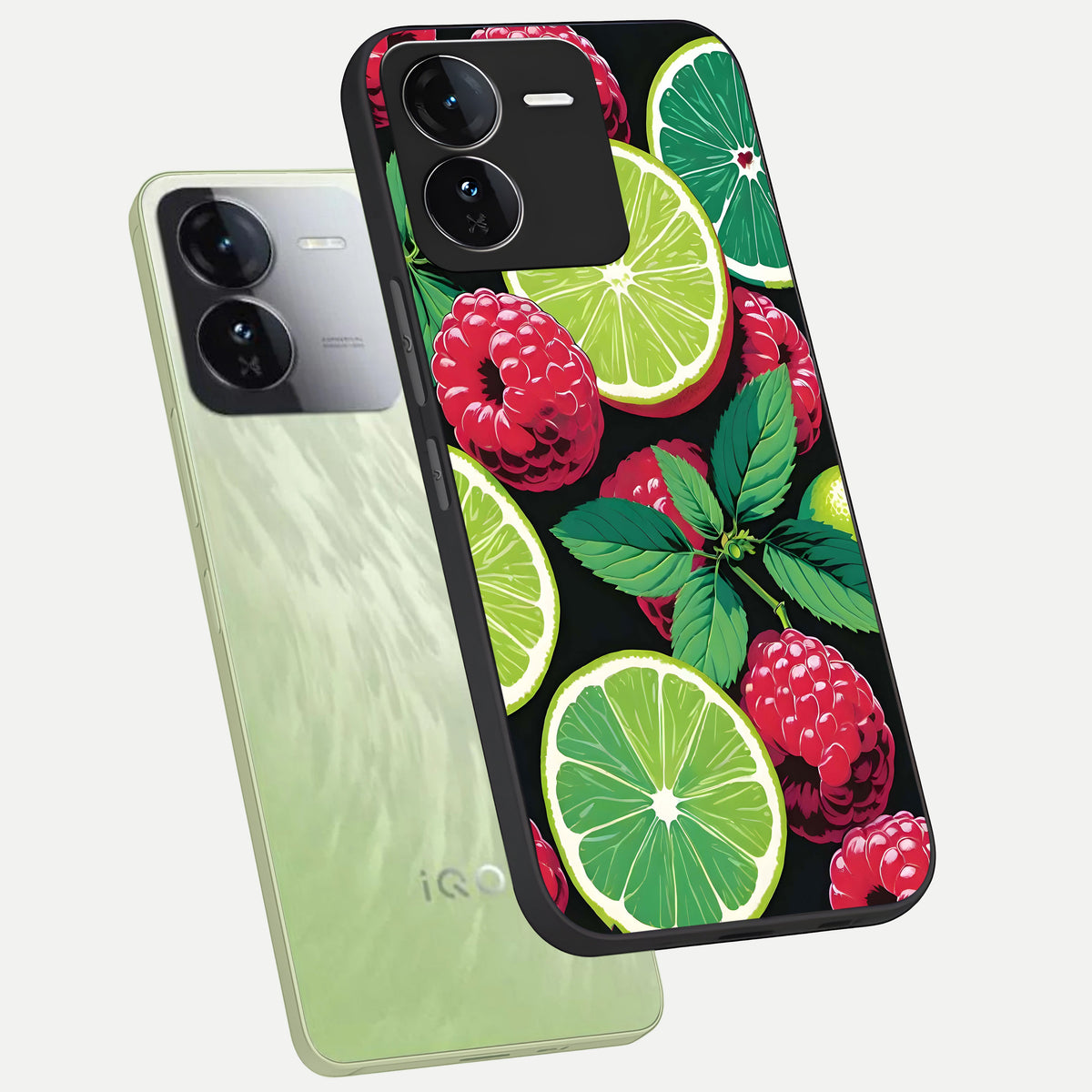  Lime and Raspberry Pattern phone case For iQOO Z9 showing premium glass back cover with detailed artwork