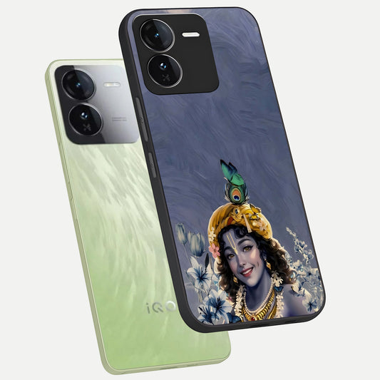  Lord Krishna phone case For iQOO Z9 showing premium glass back cover with detailed artwork