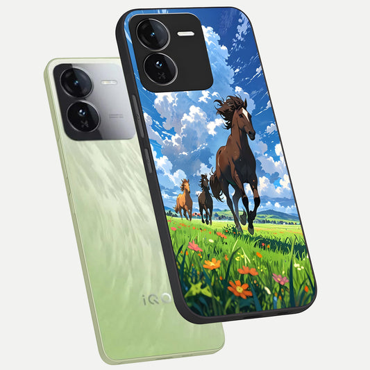  Majestic Horses Galloping phone case For iQOO Z9 showing premium glass back cover with detailed artwork