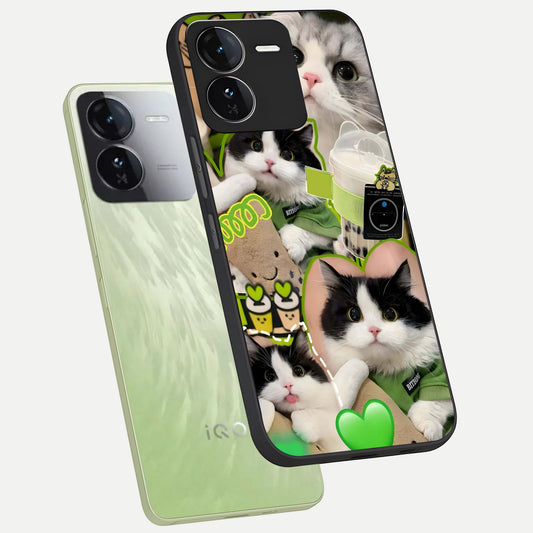  Matcha Cats Mood phone case For iQOO Z9 showing premium glass back cover with detailed artwork
