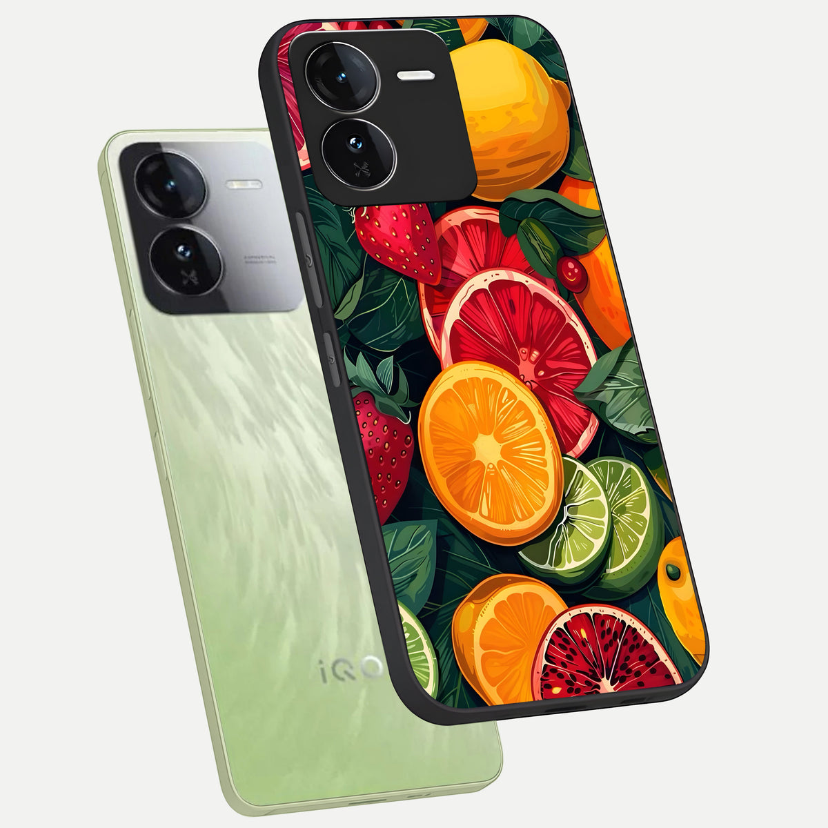  Multiple Fruits phone case For iQOO Z9 showing premium glass back cover with detailed artwork