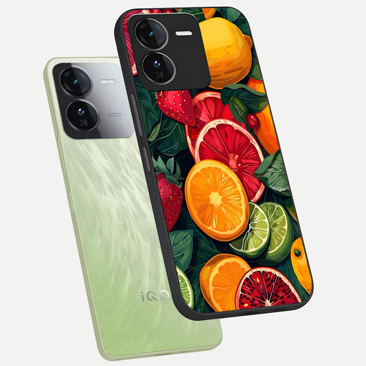  Multiple Fruits phone case For iQOO Z9 showing premium glass back cover with detailed artwork