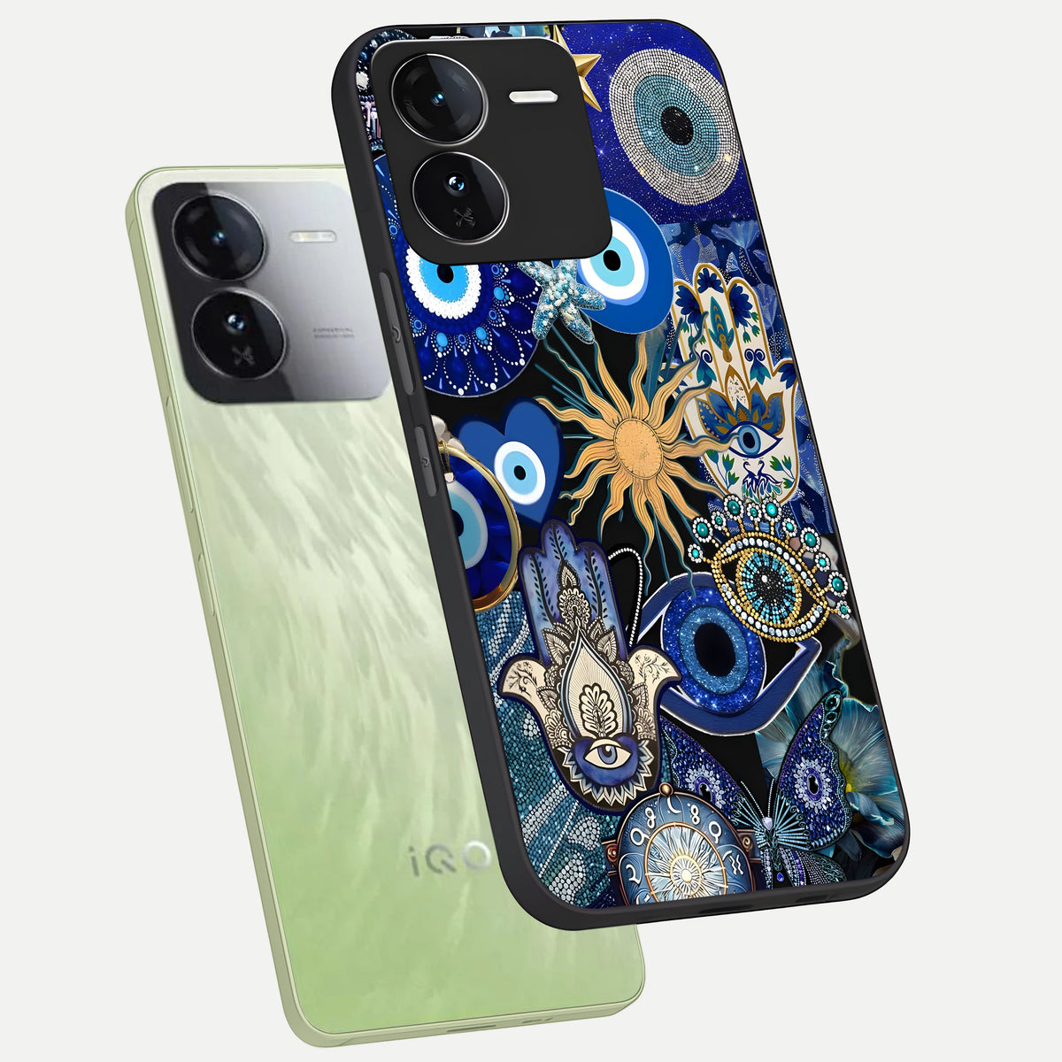  Mystic Blue Evil Eye phone case For iQOO Z9 showing premium glass back cover with detailed artwork