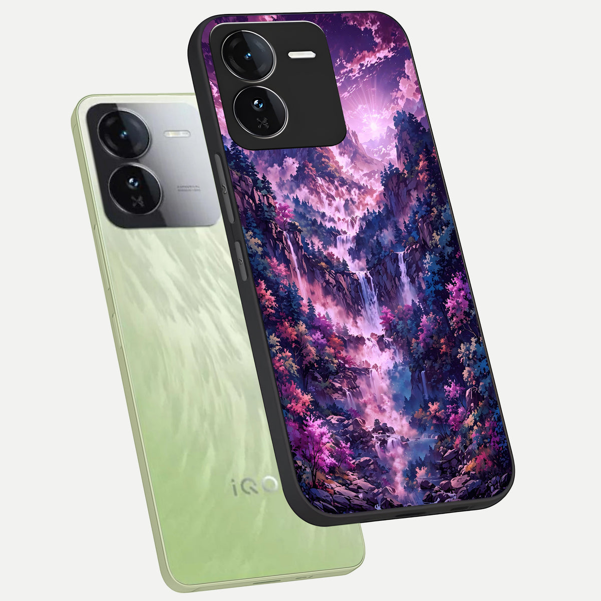  Mystic Cascade Peaks phone case For iQOO Z9 showing premium glass back cover with detailed artwork