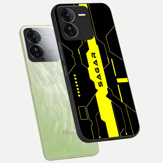  Neon CYBERPUNK Custom Name phone case For iQOO Z9 showing premium glass back cover with detailed artwork