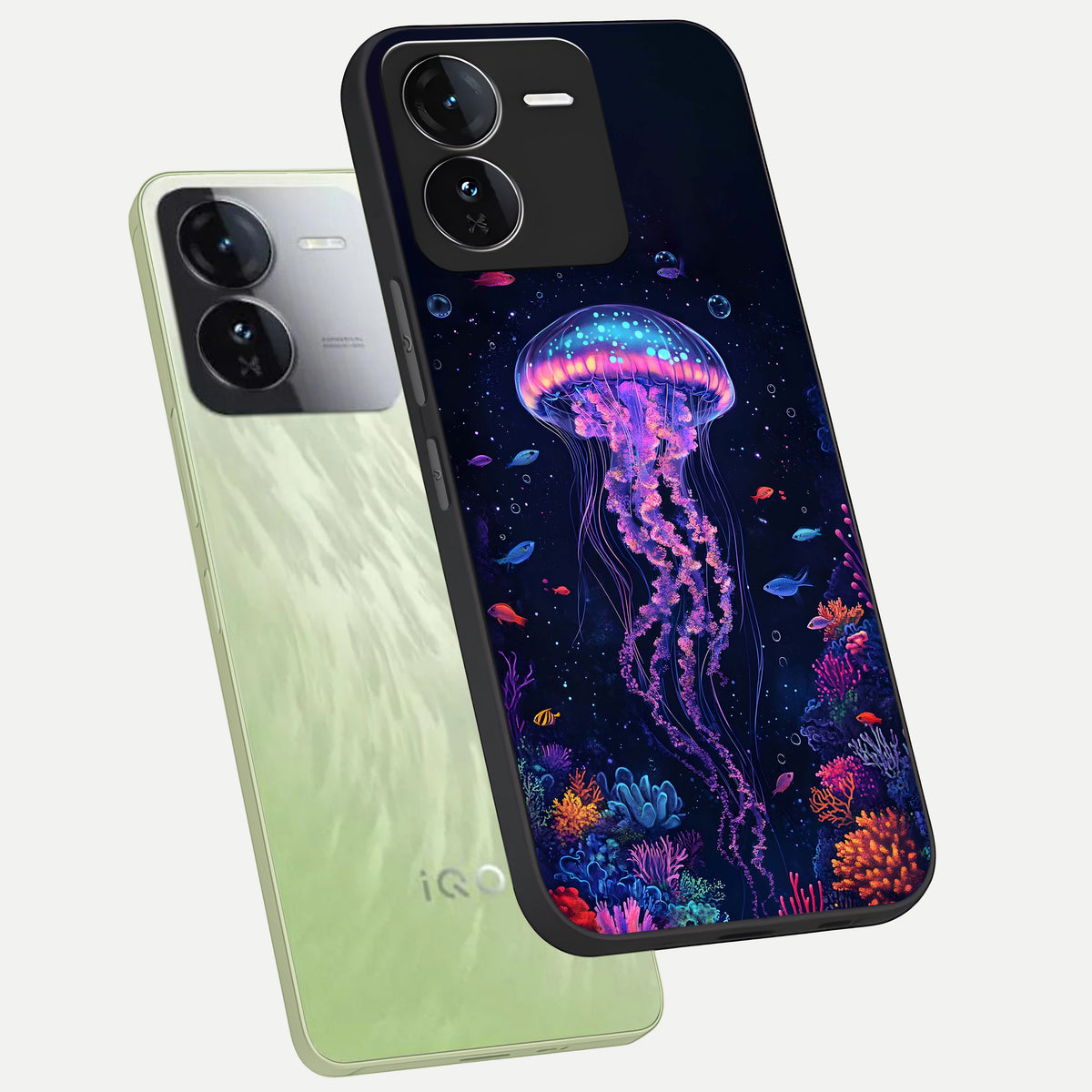  Neon Jellyfish phone case For iQOO Z9 showing premium glass back cover with detailed artwork