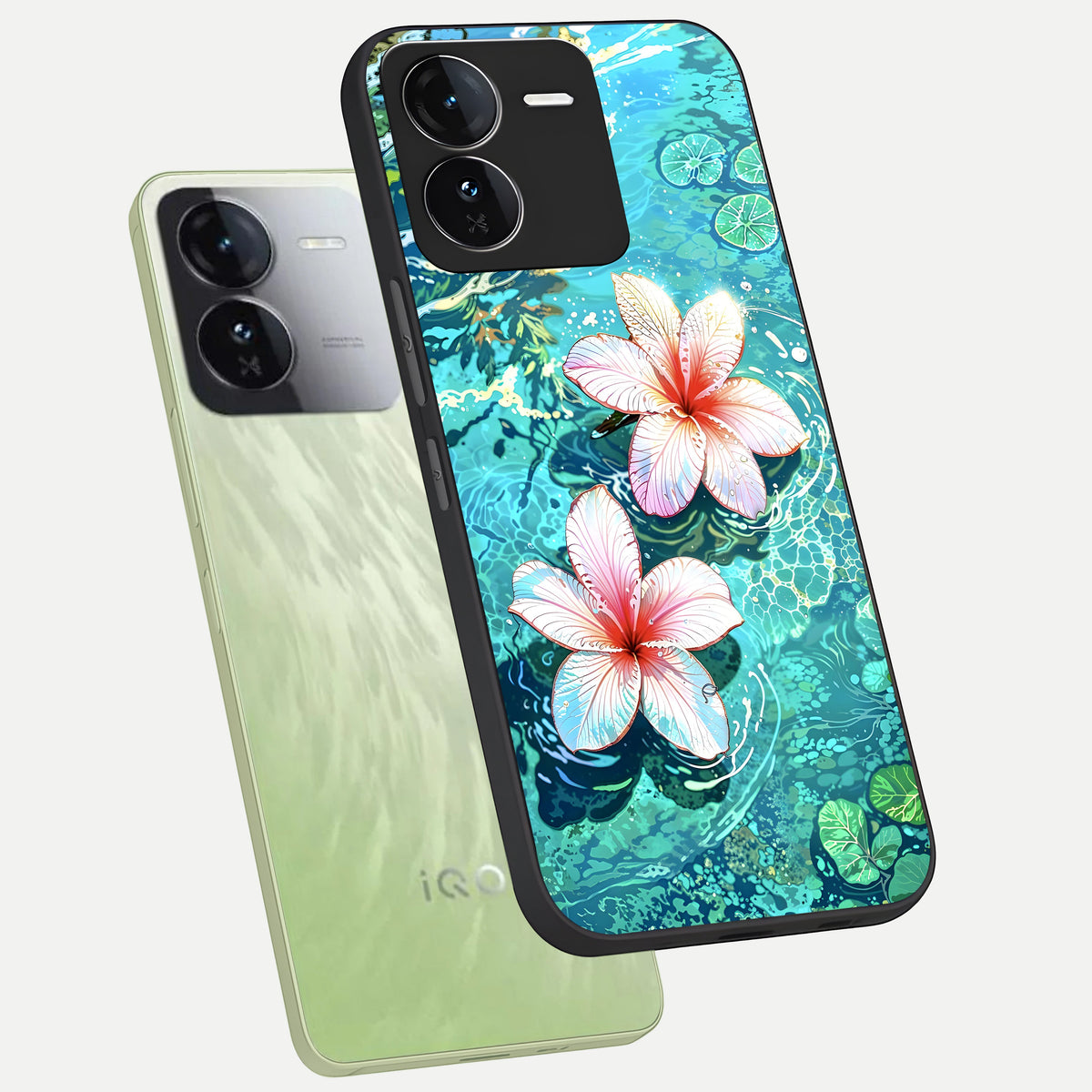  Pink Flowers in Water phone case For iQOO Z9 showing premium glass back cover with detailed artwork