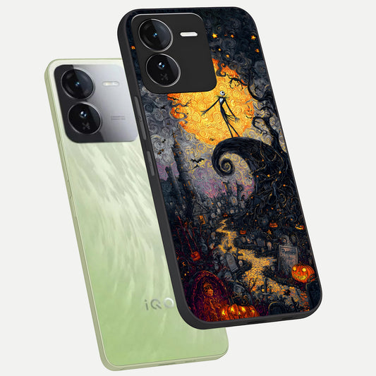  Pumpkin Moon Night phone case For iQOO Z9 showing premium glass back cover with detailed artwork