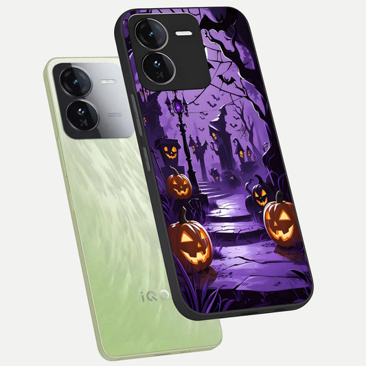  Pumpkin Patch Halloween phone case For iQOO Z9 showing premium glass back cover with detailed artwork
