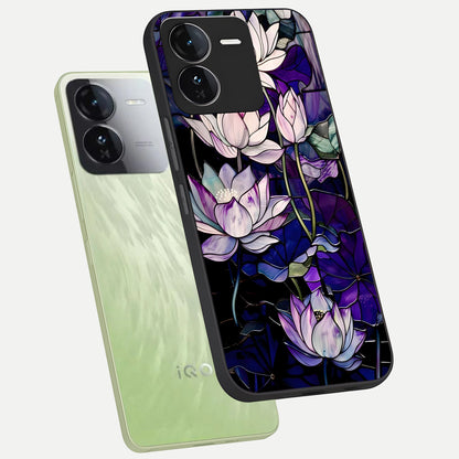  Purple Lotus Pattern phone case For iQOO Z9 showing premium glass back cover with detailed artwork