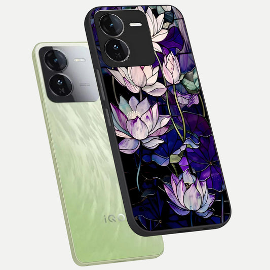  Purple Lotus Pattern phone case For iQOO Z9 showing premium glass back cover with detailed artwork