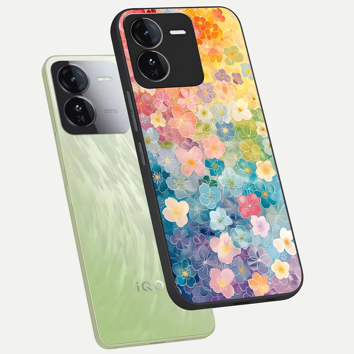  Rainbow Blossom Burst phone case For iQOO Z9 showing premium glass back cover with detailed artwork