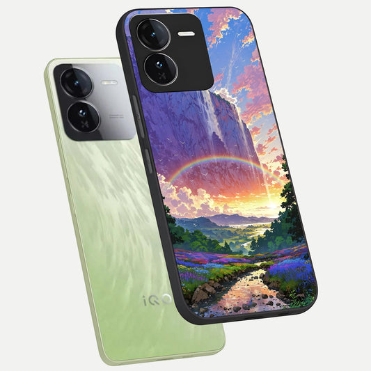  Rainbow Valley Dream phone case For iQOO Z9 showing premium glass back cover with detailed artwork