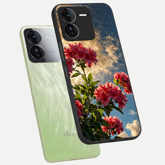  Red Bloom Skies phone case For iQOO Z9 showing premium glass back cover with detailed artwork