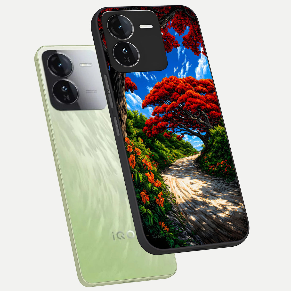  Red Trees Pathway phone case For iQOO Z9 showing premium glass back cover with detailed artwork