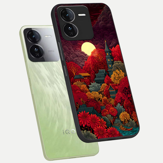  Scarlet Autumn Temple phone case For iQOO Z9 showing premium glass back cover with detailed artwork