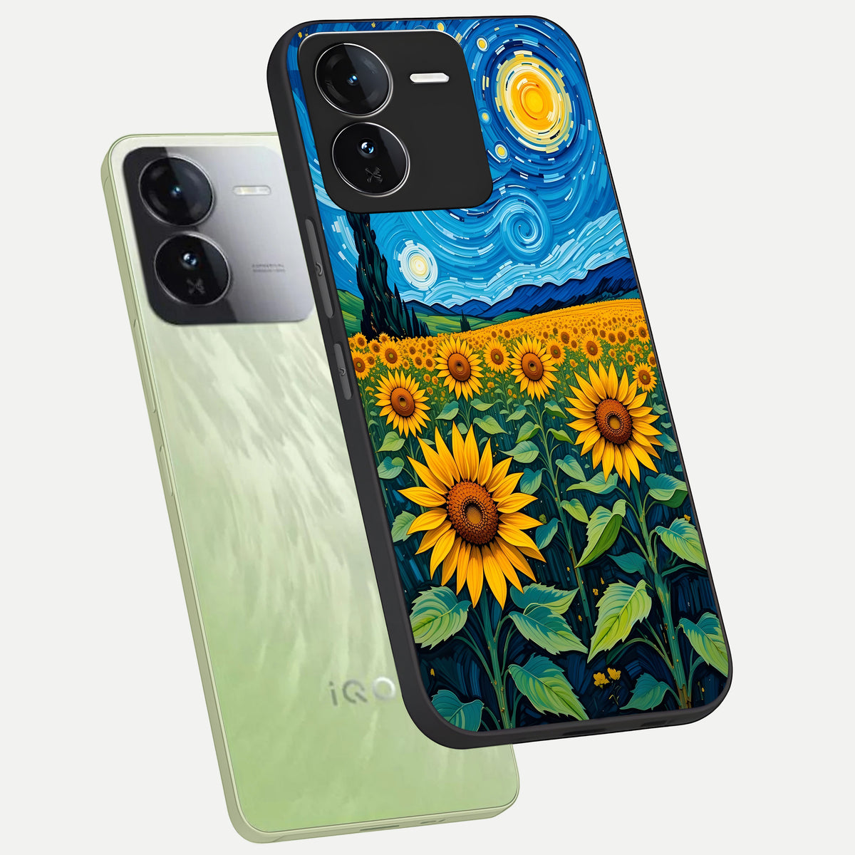  Starry Sunflower Dreams phone case For iQOO Z9 showing premium glass back cover with detailed artwork
