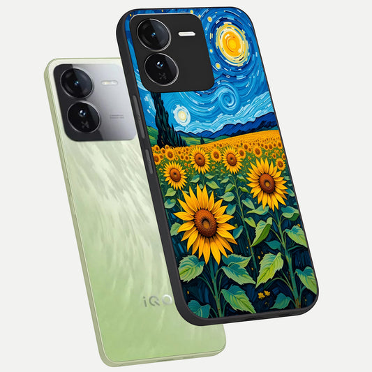  Starry Sunflower Dreams phone case For iQOO Z9 showing premium glass back cover with detailed artwork