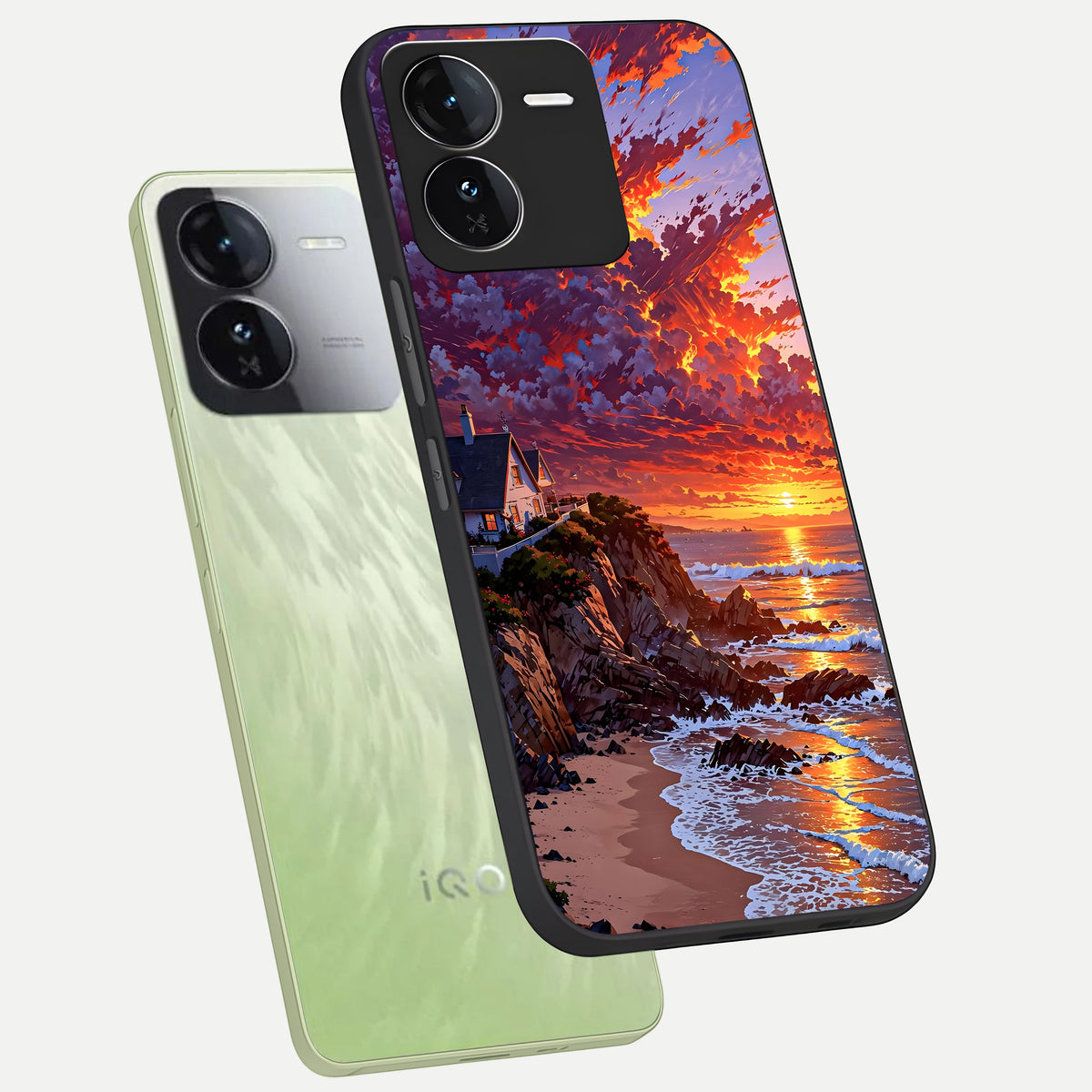  Sunset House By Sea phone case For iQOO Z9 showing premium glass back cover with detailed artwork