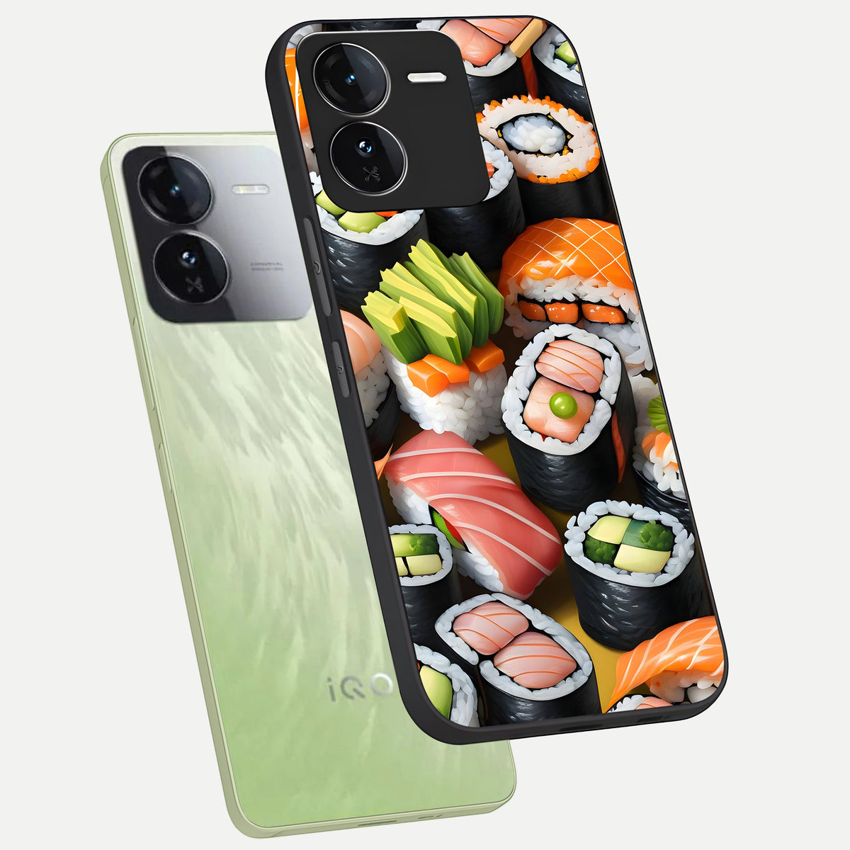  Sushi Food Pattern phone case For iQOO Z9 showing premium glass back cover with detailed artwork