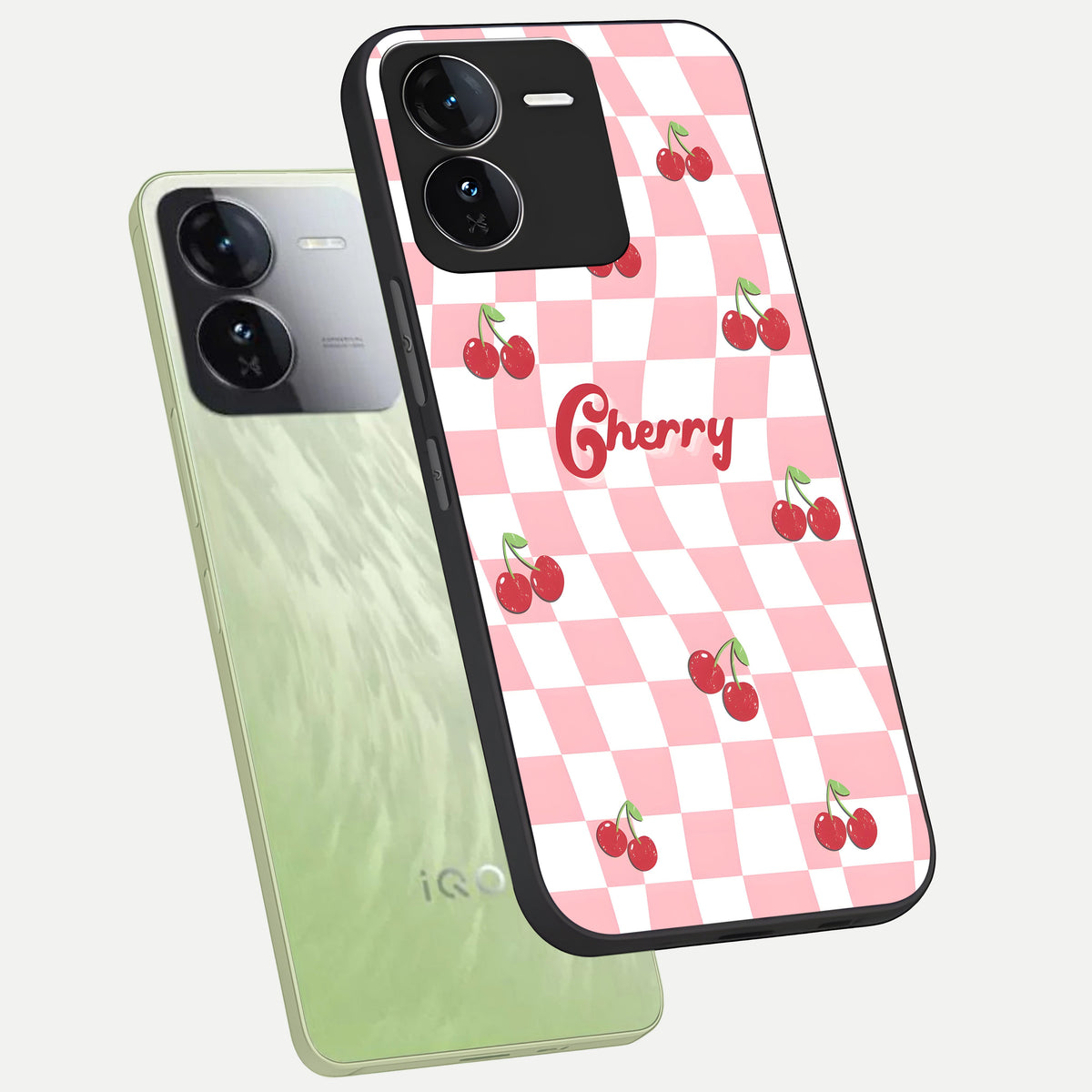  Sweet Cherry Vibes phone case For iQOO Z9 showing premium glass back cover with detailed artwork