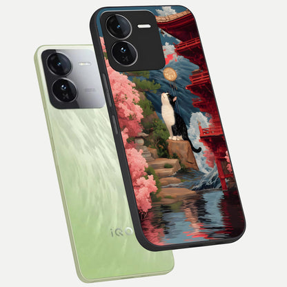  Temple Cat Scenery phone case For iQOO Z9 showing premium glass back cover with detailed artwork