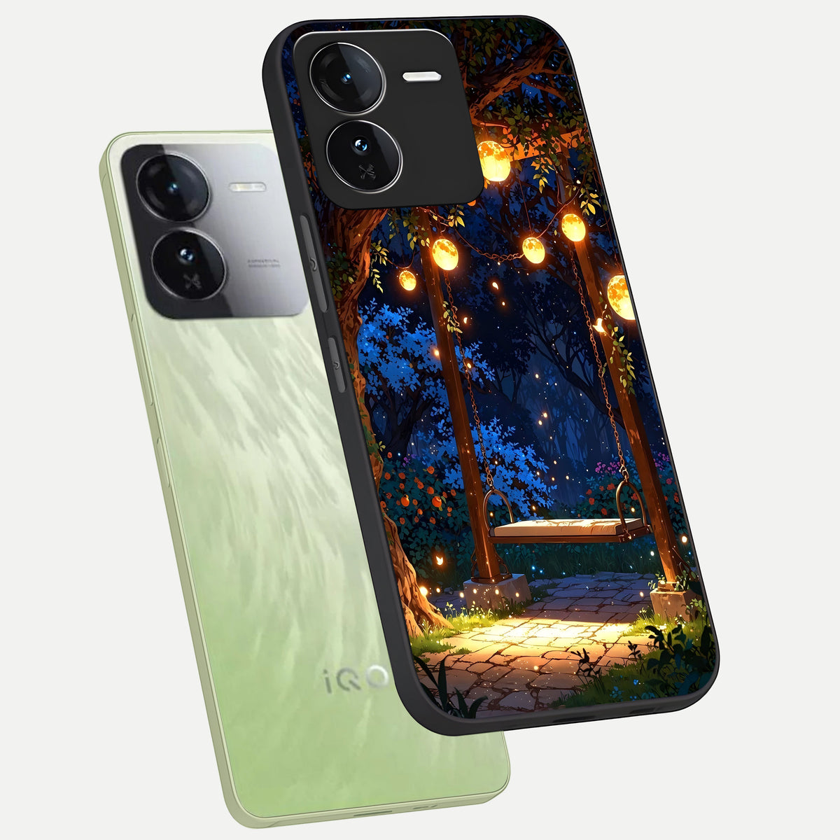  Twilight Garden Swing phone case For iQOO Z9 showing premium glass back cover with detailed artwork