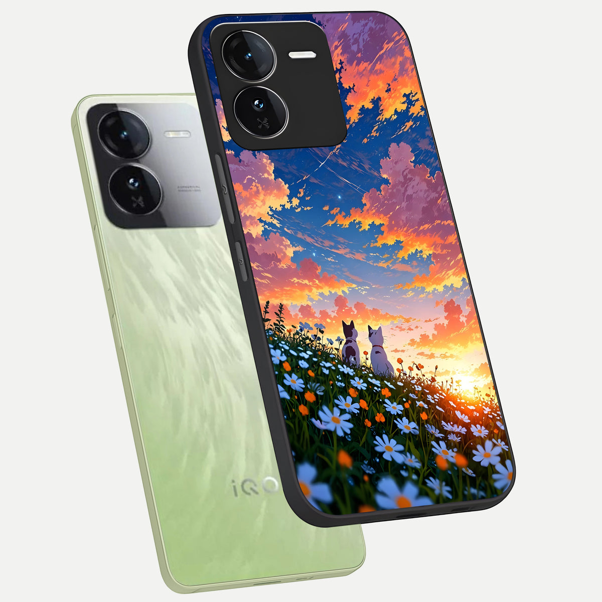 Two Cats Friends phone case For iQOO Z9 showing premium glass back cover with detailed artwork