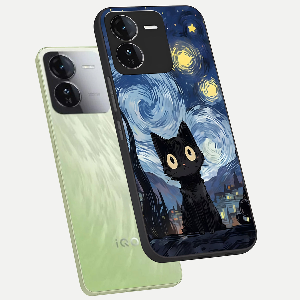  Van Gogh Cat phone case For iQOO Z9 showing premium glass back cover with detailed artwork