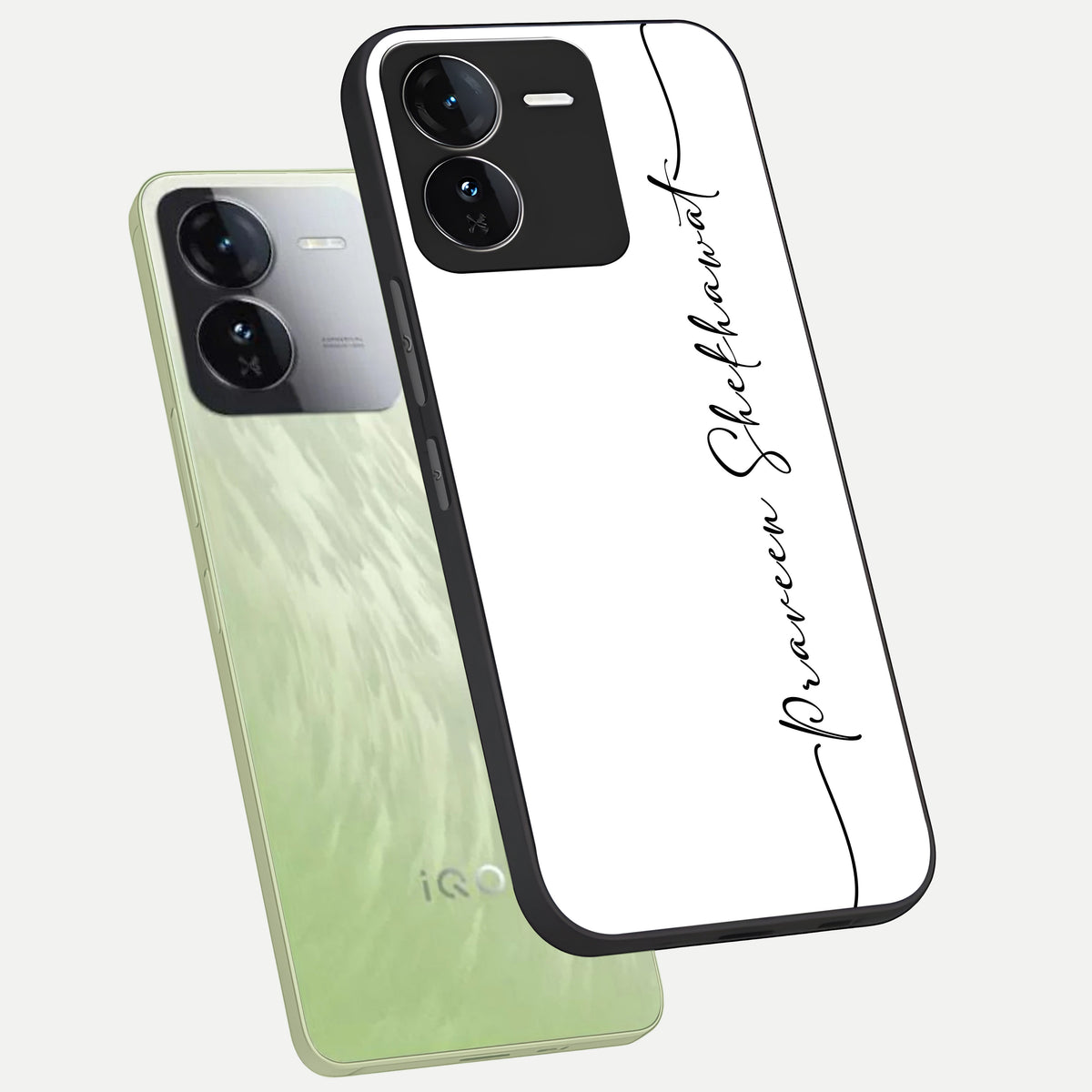  White Tune Custom Name phone case For iQOO Z9 showing premium custom name glass back cover