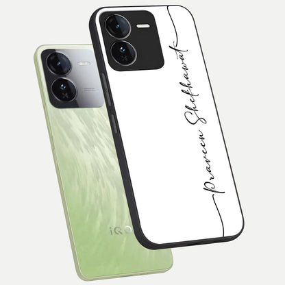  White Tune Custom Name phone case For iQOO Z9 showing premium custom name glass back cover