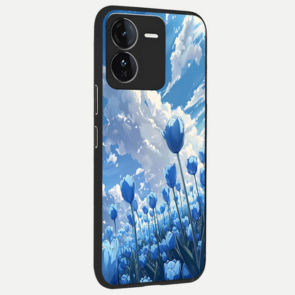  Blue Tulip Clouds back cover For iQOO Z9 slim fit glass case with vibrant aesthetic design