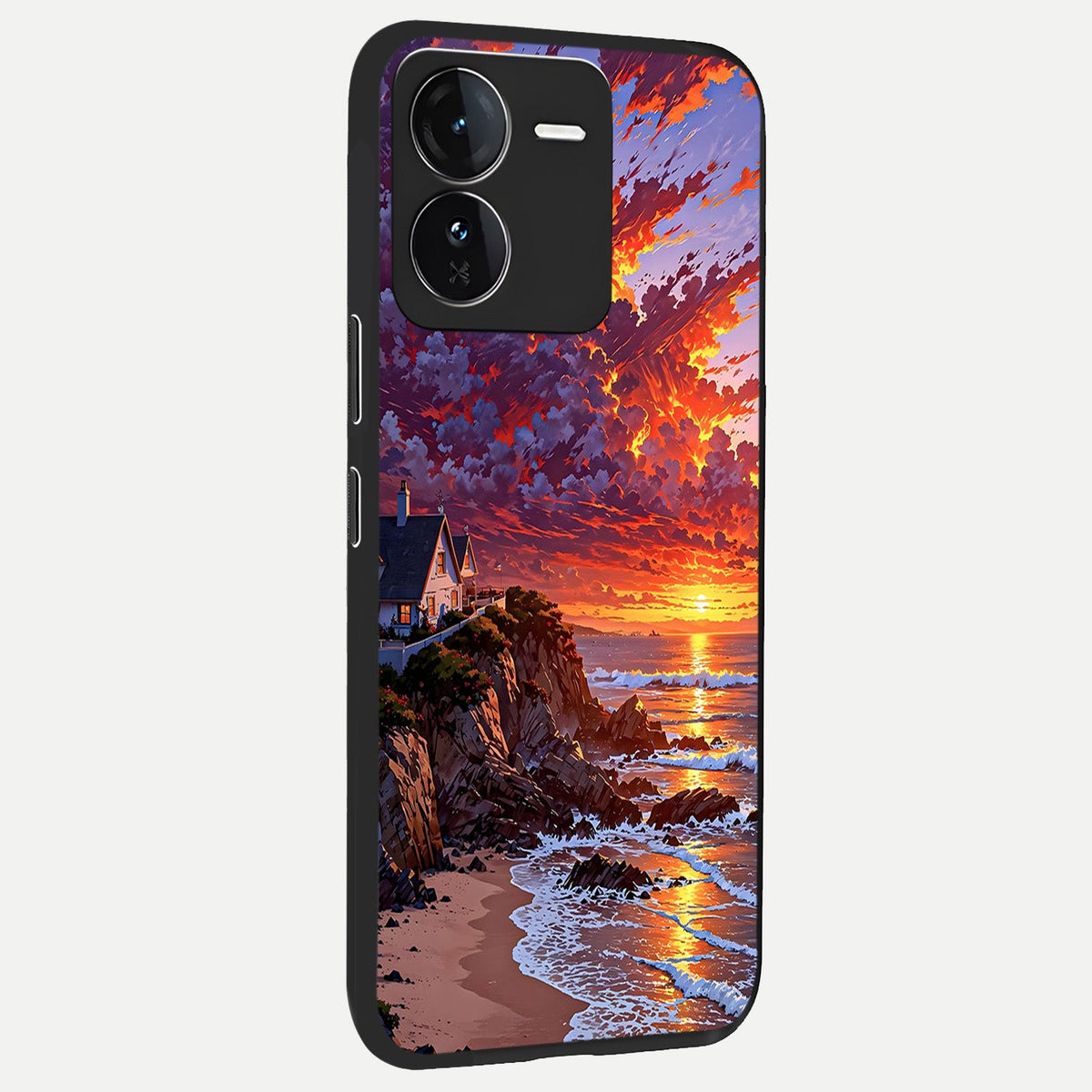  Sunset House By Sea back cover For iQOO Z9 slim fit glass case with vibrant aesthetic design