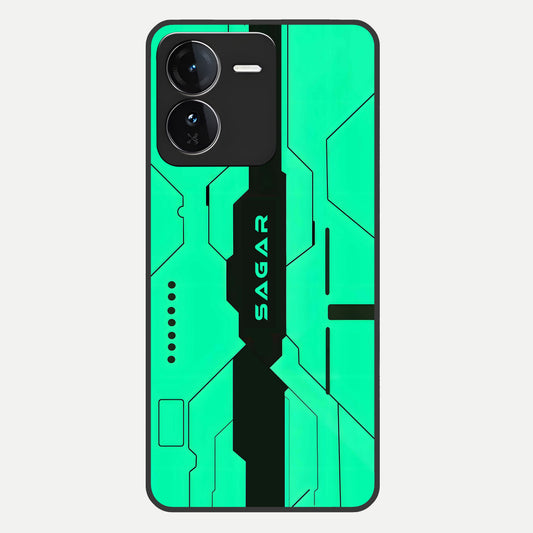  Aqua Tech CYBERPUNK Custom Name Glass Case For iQOO Z9 back cover – full design glossy printed glass finish