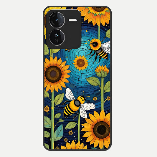  Bees And Sunflowers Glass Case For iQOO Z9 back cover – full design glossy printed glass finish