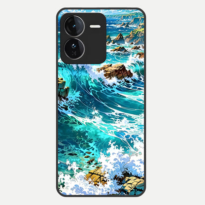  Coastal Blue Waves Glass Case For iQOO Z9 back cover – full design glossy printed glass finish
