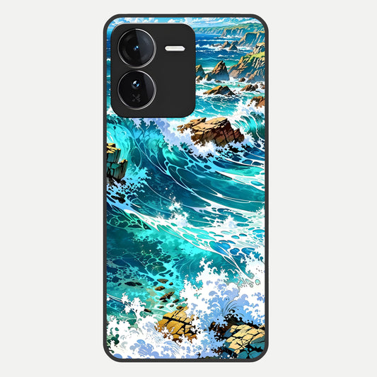  Coastal Blue Waves Glass Case For iQOO Z9 back cover – full design glossy printed glass finish