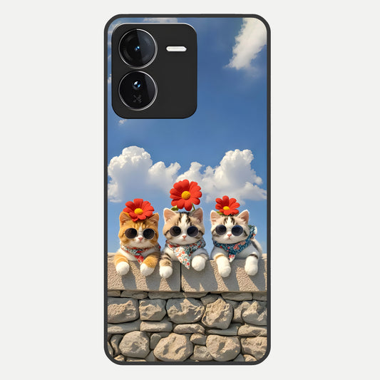 Floral Kitty Squad Glass Case For iQOO Z9 back cover – full design glossy printed glass finish