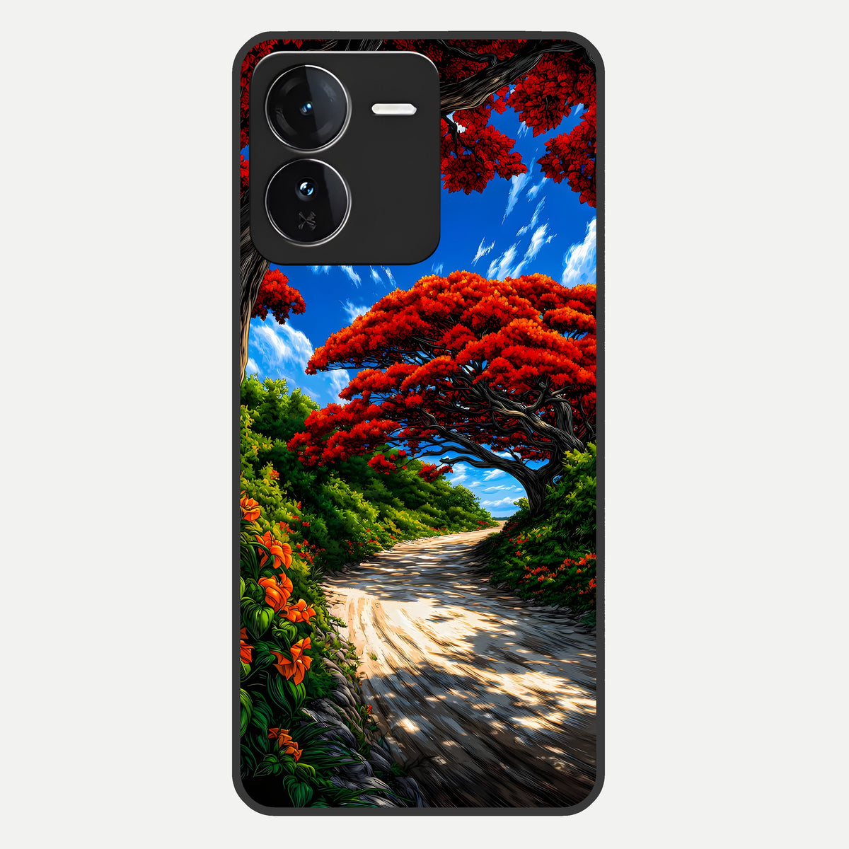  Red Trees Pathway Glass Case For iQOO Z9 back cover – full design glossy printed glass finish