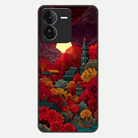  Scarlet Autumn Temple Glass Case For iQOO Z9 back cover – full design glossy printed glass finish